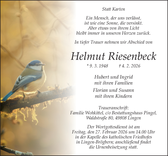 Traueranzeige von Helmut Riesenbeck von Neue Osnabrücker Zeitung GmbH & Co. KG