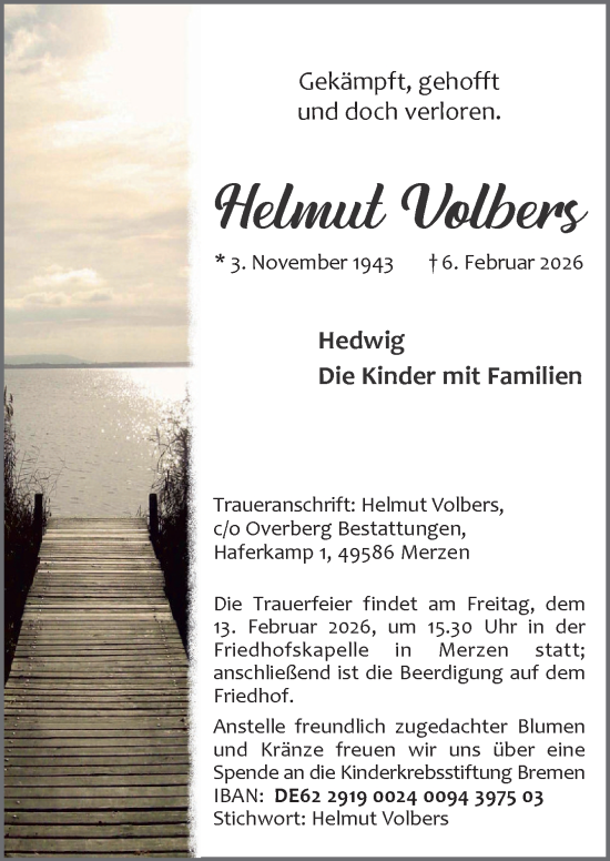 Traueranzeige von Helmut Volbers von Neue Osnabrücker Zeitung GmbH & Co. KG
