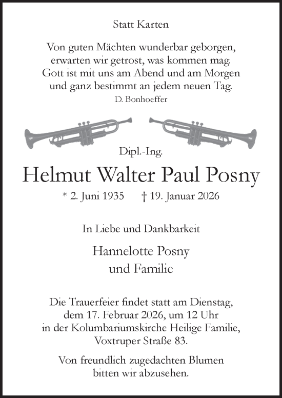 Traueranzeige von Helmut Walter Paul Posny von Neue Osnabrücker Zeitung GmbH & Co. KG