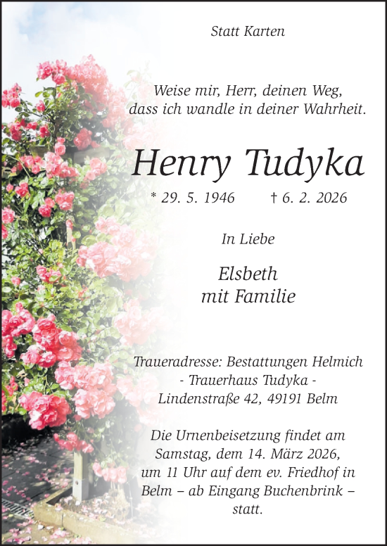 Traueranzeige von Henry Tudyka von Neue Osnabrücker Zeitung GmbH & Co. KG