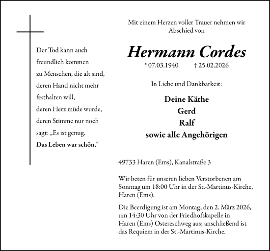 Traueranzeige von Hermann Cordes von Neue Osnabrücker Zeitung GmbH & Co. KG