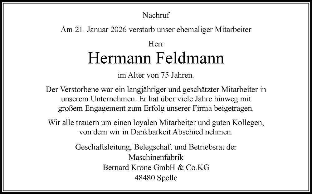  Traueranzeige für Hermann Feldmann vom 06.02.2026 aus Neue Osnabrücker Zeitung GmbH & Co. KG