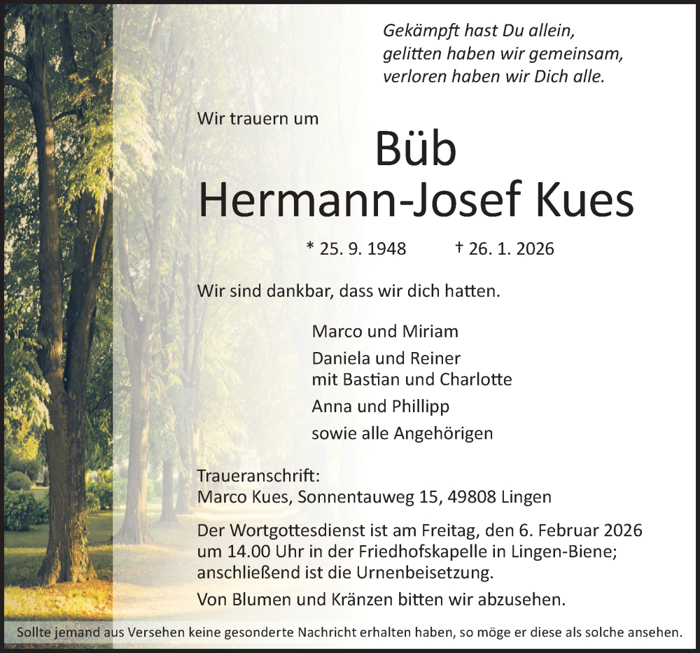  Traueranzeige für Hermann-Josef Kues vom 31.01.2026 aus Neue Osnabrücker Zeitung GmbH & Co. KG