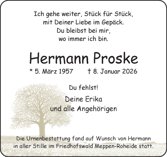 Traueranzeige von Hermann Proske von Neue Osnabrücker Zeitung GmbH & Co. KG