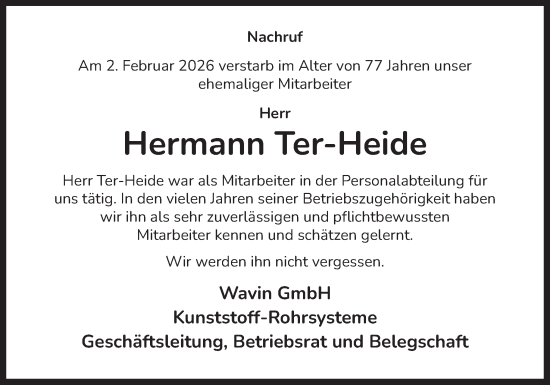 Traueranzeige von Hermann Ter-Heide von Neue Osnabrücker Zeitung GmbH & Co. KG