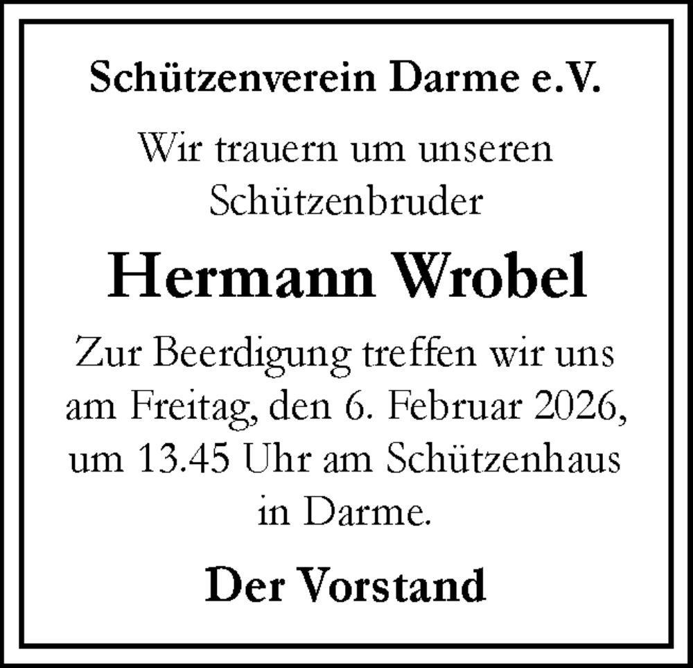  Traueranzeige für Hermann Wrobel vom 05.02.2026 aus Neue Osnabrücker Zeitung GmbH & Co. KG