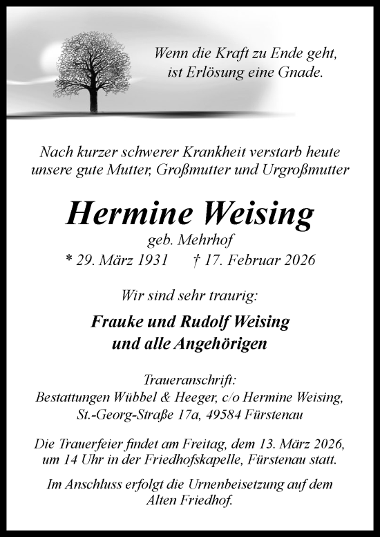 Traueranzeige von Hermine Weising von Neue Osnabrücker Zeitung GmbH & Co. KG