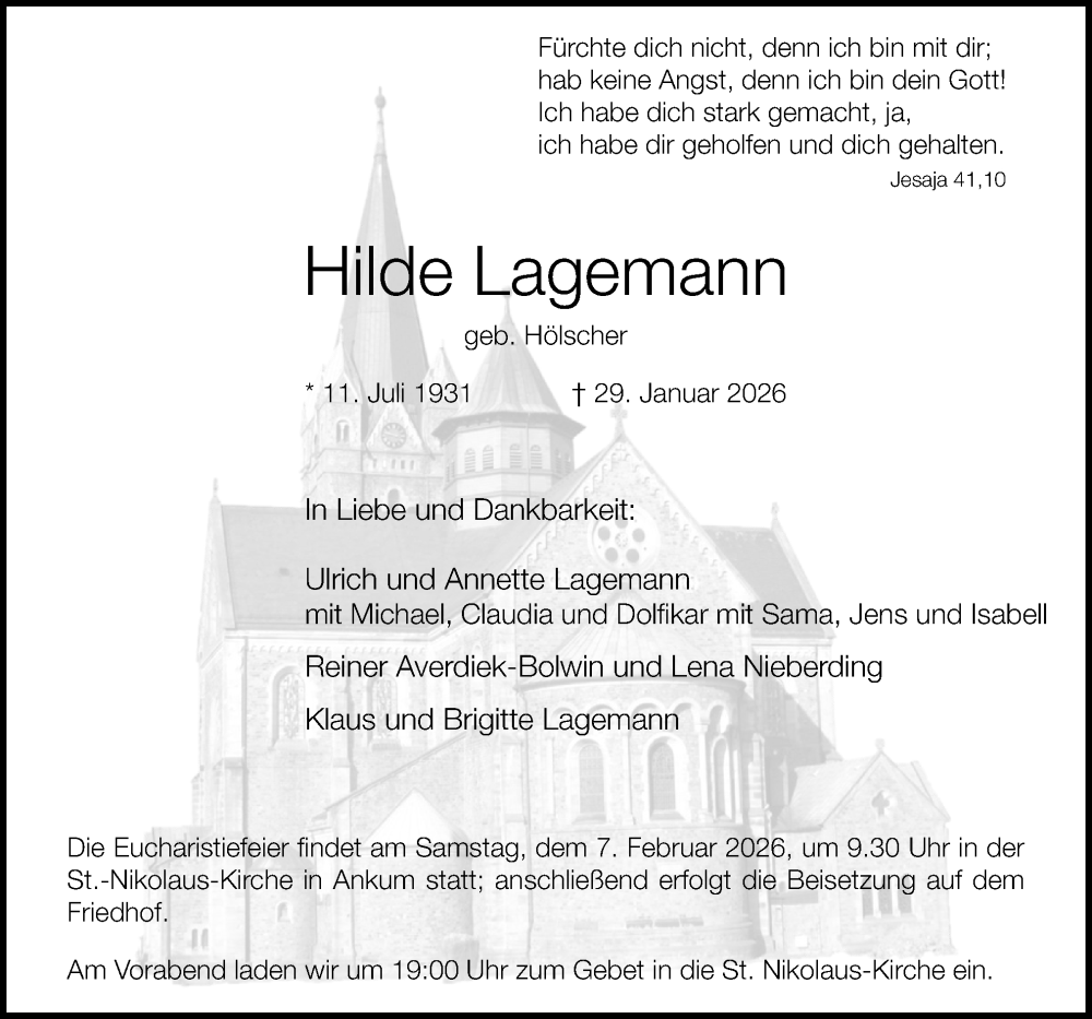  Traueranzeige für Hilde Lagemann vom 02.02.2026 aus Neue Osnabrücker Zeitung GmbH & Co. KG