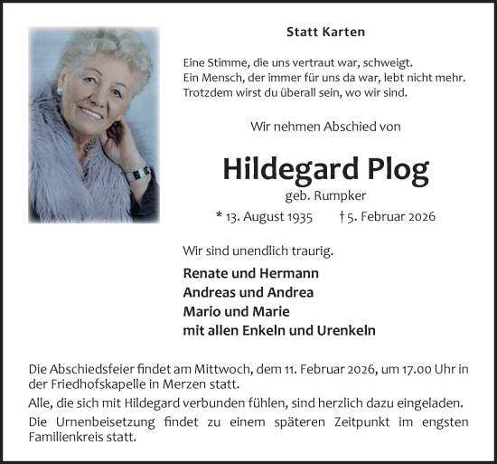 Traueranzeige von Hildegard Plog von Neue Osnabrücker Zeitung GmbH & Co. KG