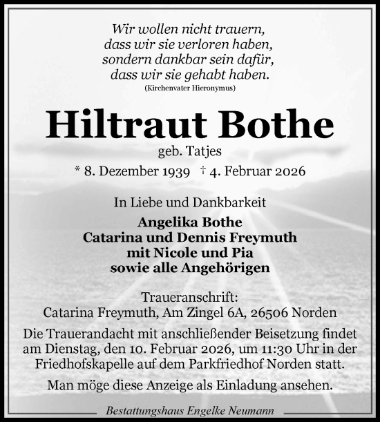 Traueranzeige von Hiltraut Bothe von Ostfriesischer Kurier / Norderneyer Badezeitung