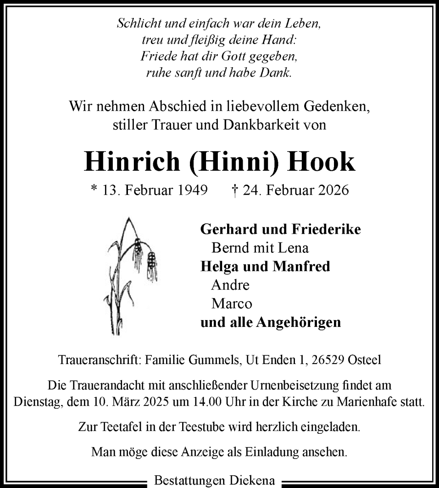  Traueranzeige für Hinrich Hook vom 28.02.2026 aus Ostfriesischer Kurier GmbH