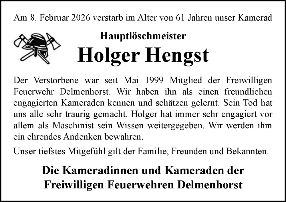  Traueranzeige für Holger Hengst vom 17.02.2026 aus DK Medien GmbH & Co. KG