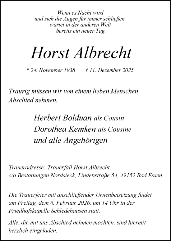 Traueranzeige von Horst Albrecht von Neue Osnabrücker Zeitung GmbH & Co. KG
