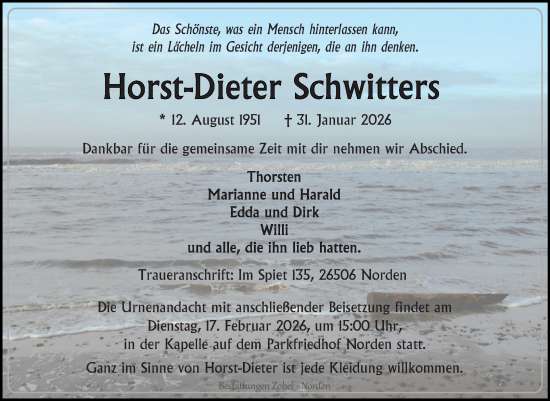 Traueranzeige von Horst-Dieter Schwitters von Ostfriesischer Kurier / Norderneyer Badezeitung