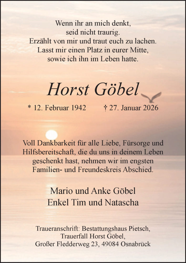  Traueranzeige für Horst Göbel vom 07.02.2026 aus Neue Osnabrücker Zeitung GmbH & Co. KG
