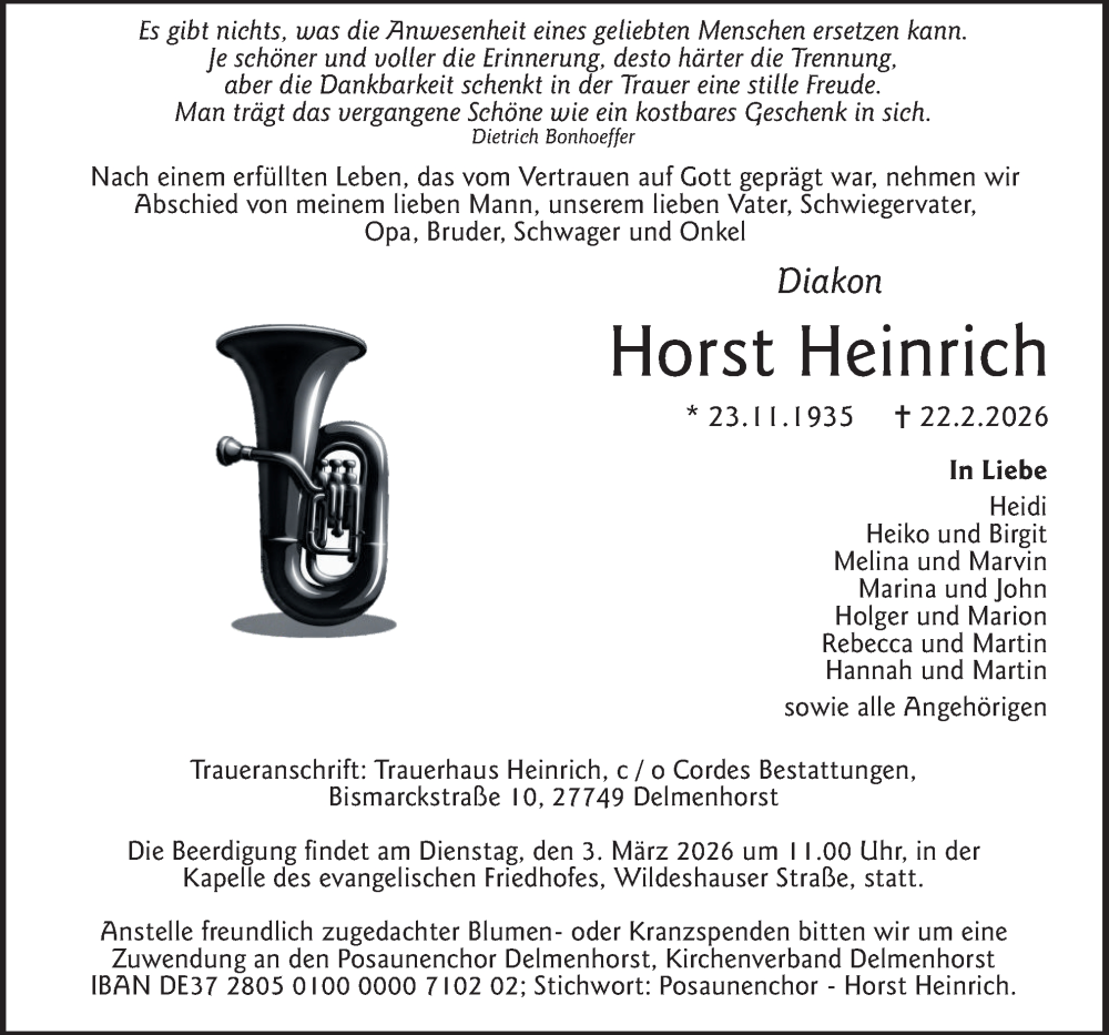  Traueranzeige für Horst Heinrich vom 28.02.2026 aus DK Medien GmbH & Co. KG