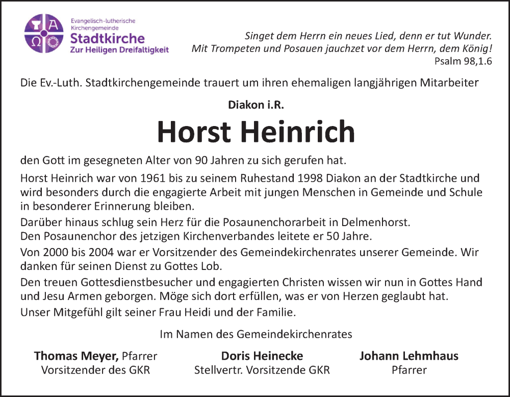  Traueranzeige für Horst Heinrich vom 28.02.2026 aus DK Medien GmbH & Co. KG