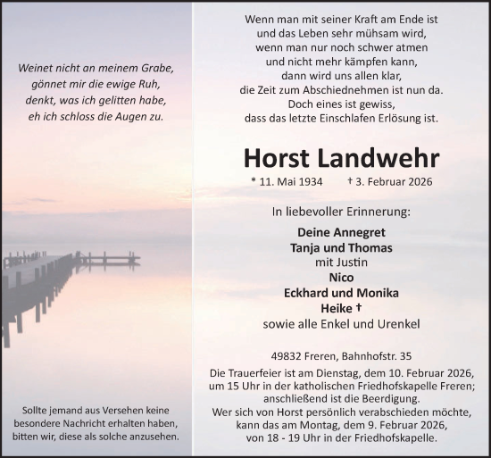 Traueranzeige von Horst Landwehr von Neue Osnabrücker Zeitung GmbH & Co. KG
