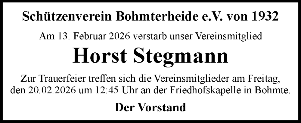  Traueranzeige für Horst Stegmann vom 18.02.2026 aus Neue Osnabrücker Zeitung GmbH & Co. KG
