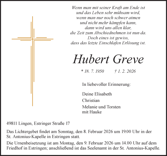 Traueranzeige von Hubert Greve von Neue Osnabrücker Zeitung GmbH &amp; Co. KG