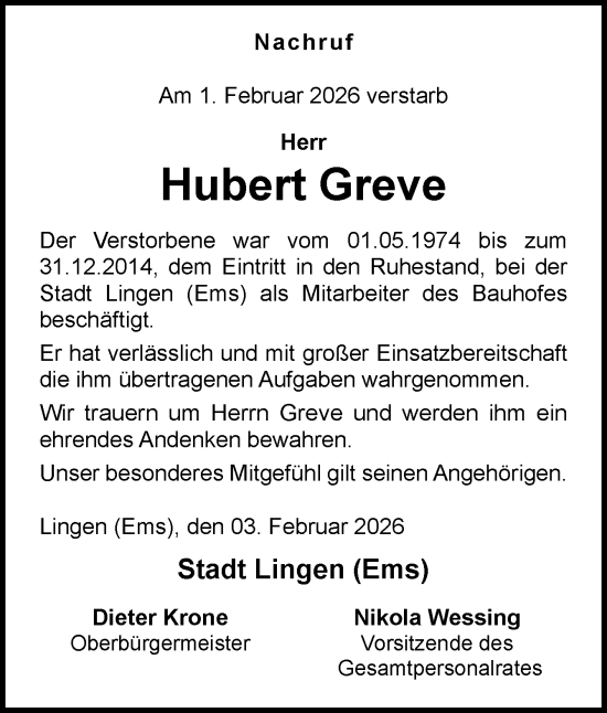 Traueranzeige von Hubert Greve von Neue Osnabrücker Zeitung GmbH & Co. KG