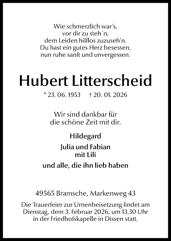 Traueranzeige von Hubert Litterscheid von Neue Osnabrücker Zeitung GmbH & Co. KG
