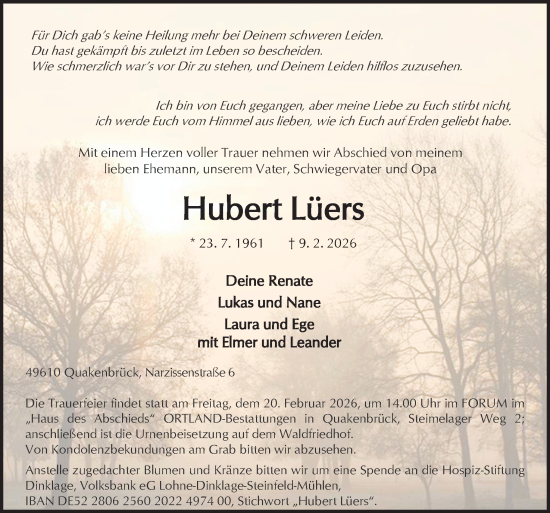 Traueranzeige von Hubert Lüers von Neue Osnabrücker Zeitung GmbH & Co. KG