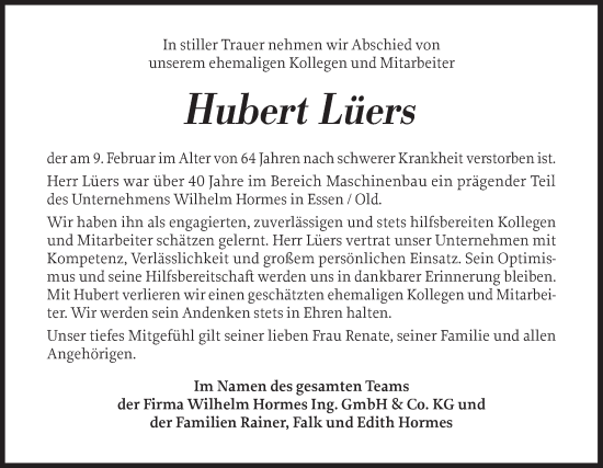 Traueranzeige von Hubert Lüers von Neue Osnabrücker Zeitung GmbH & Co. KG