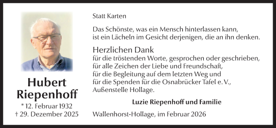Traueranzeige von Hubert Riepenhoff von Neue Osnabrücker Zeitung GmbH & Co. KG
