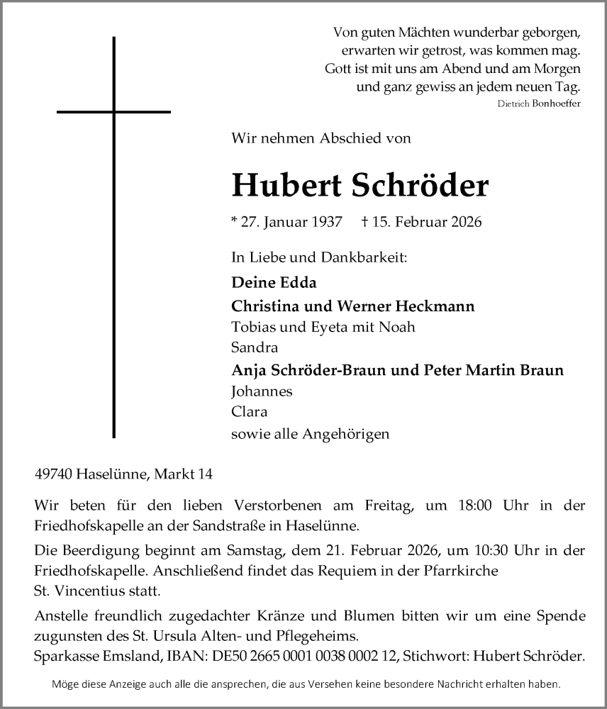  Traueranzeige für Hubert Schröder vom 18.02.2026 aus Neue Osnabrücker Zeitung GmbH & Co. KG