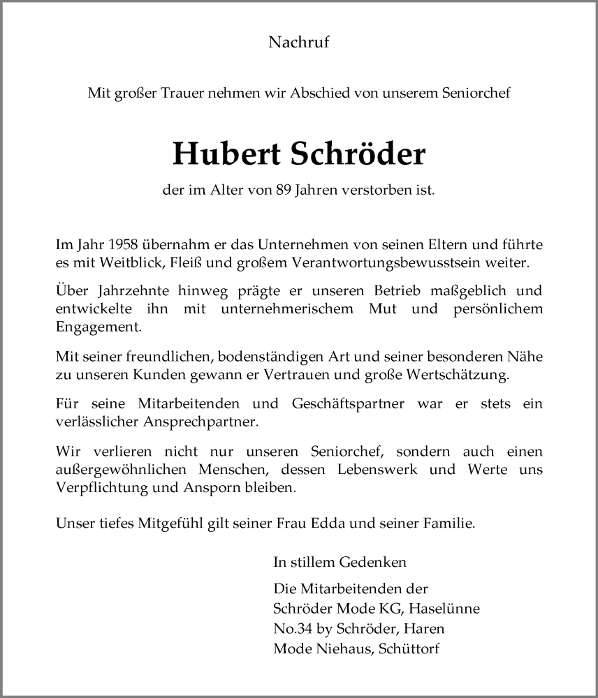  Traueranzeige für Hubert Schröder vom 18.02.2026 aus Neue Osnabrücker Zeitung GmbH & Co. KG
