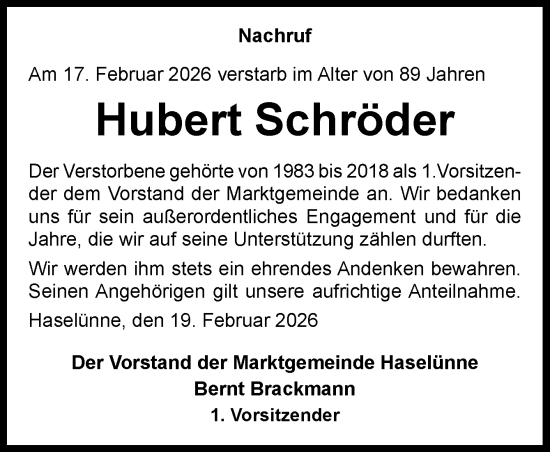 Traueranzeige von Hubert Schröder von Neue Osnabrücker Zeitung GmbH & Co. KG
