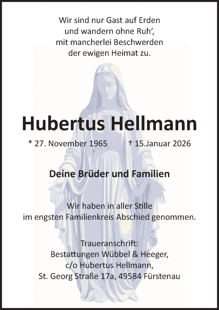  Traueranzeige für Hubertus Hellmann vom 07.02.2026 aus Neue Osnabrücker Zeitung GmbH & Co. KG