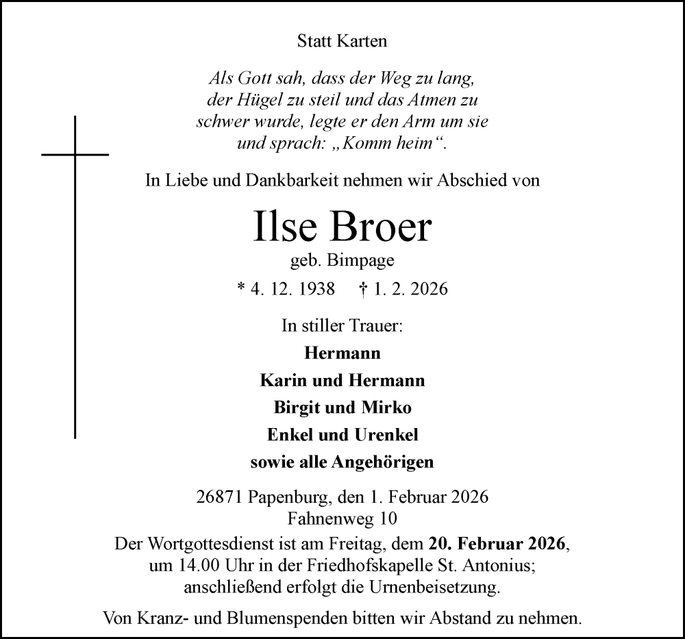  Traueranzeige für Ilse Broer vom 09.02.2026 aus Neue Osnabrücker Zeitung GmbH & Co. KG