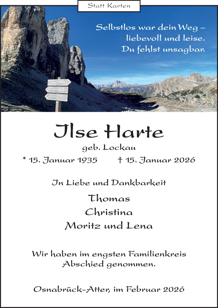  Traueranzeige für Ilse Harte vom 07.02.2026 aus Neue Osnabrücker Zeitung GmbH & Co. KG