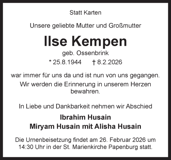 Traueranzeige von Ilse Kempen von Neue Osnabrücker Zeitung GmbH & Co. KG
