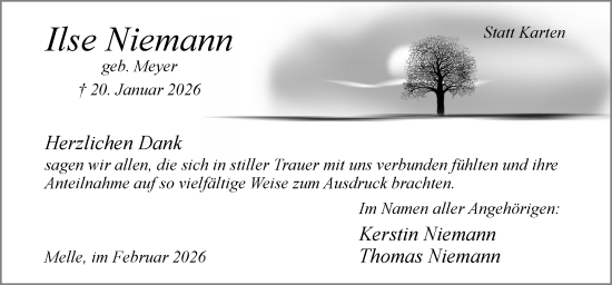 Traueranzeige von Ilse Niemann von Neue Osnabrücker Zeitung GmbH & Co. KG