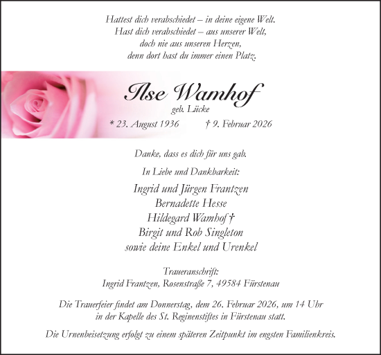 Traueranzeige von Ilse Wamhof von Neue Osnabrücker Zeitung GmbH & Co. KG