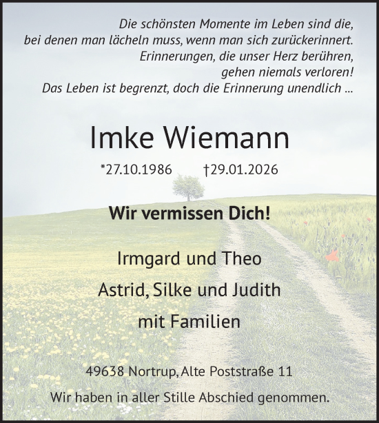 Traueranzeige von Imke Wiemann von Neue Osnabrücker Zeitung GmbH & Co. KG