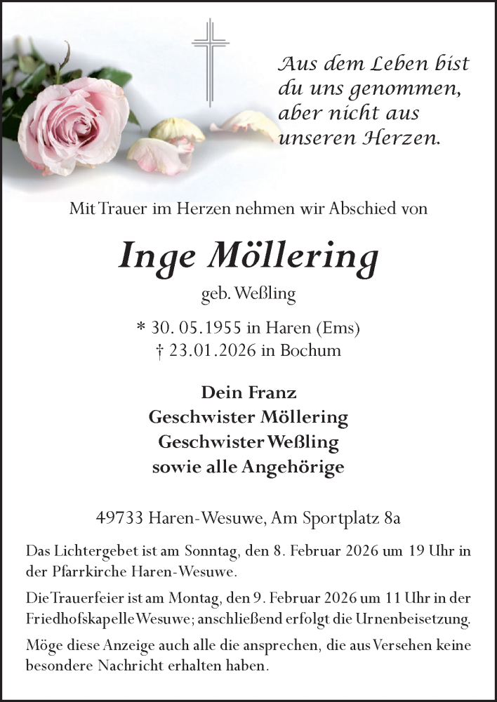  Traueranzeige für Inge Möllering vom 31.01.2026 aus Neue Osnabrücker Zeitung GmbH & Co. KG