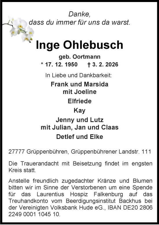 Traueranzeige von Inge Ohlebusch von DK Medien GmbH & Co. KG