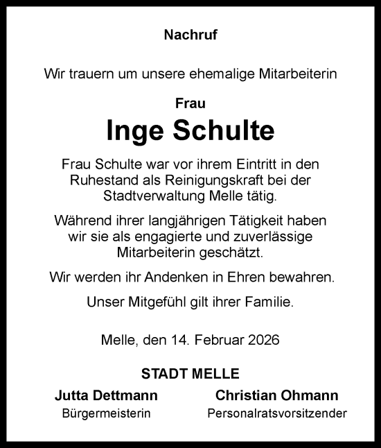 Traueranzeige von Inge Schulte von Neue Osnabrücker Zeitung GmbH & Co. KG