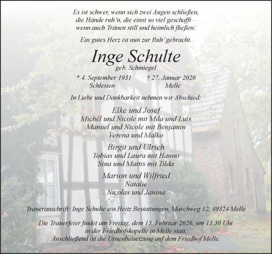 Traueranzeige von Inge Schulte von Neue Osnabrücker Zeitung GmbH & Co. KG