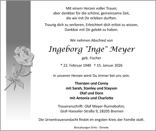 Traueranzeige von Ingeborg Meyer von Ostfriesischer Kurier / Norderneyer Badezeitung