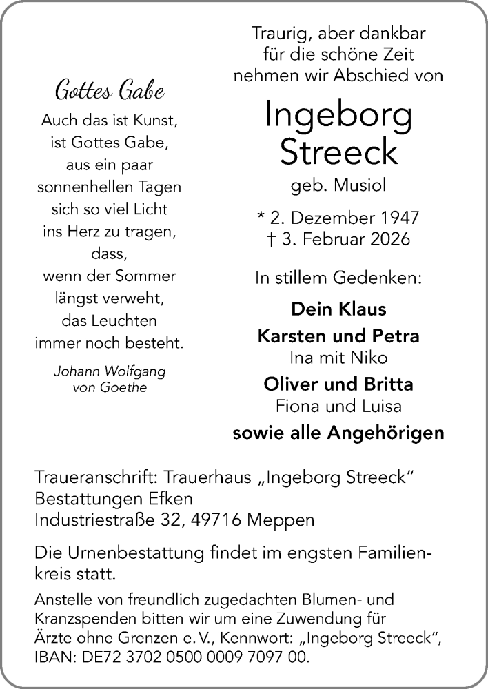  Traueranzeige für Ingeborg Streeck vom 07.02.2026 aus Neue Osnabrücker Zeitung GmbH & Co. KG
