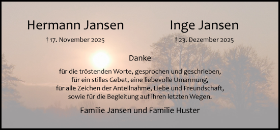 Traueranzeige von Inge und Hermann Jansen von Neue Osnabrücker Zeitung GmbH & Co. KG