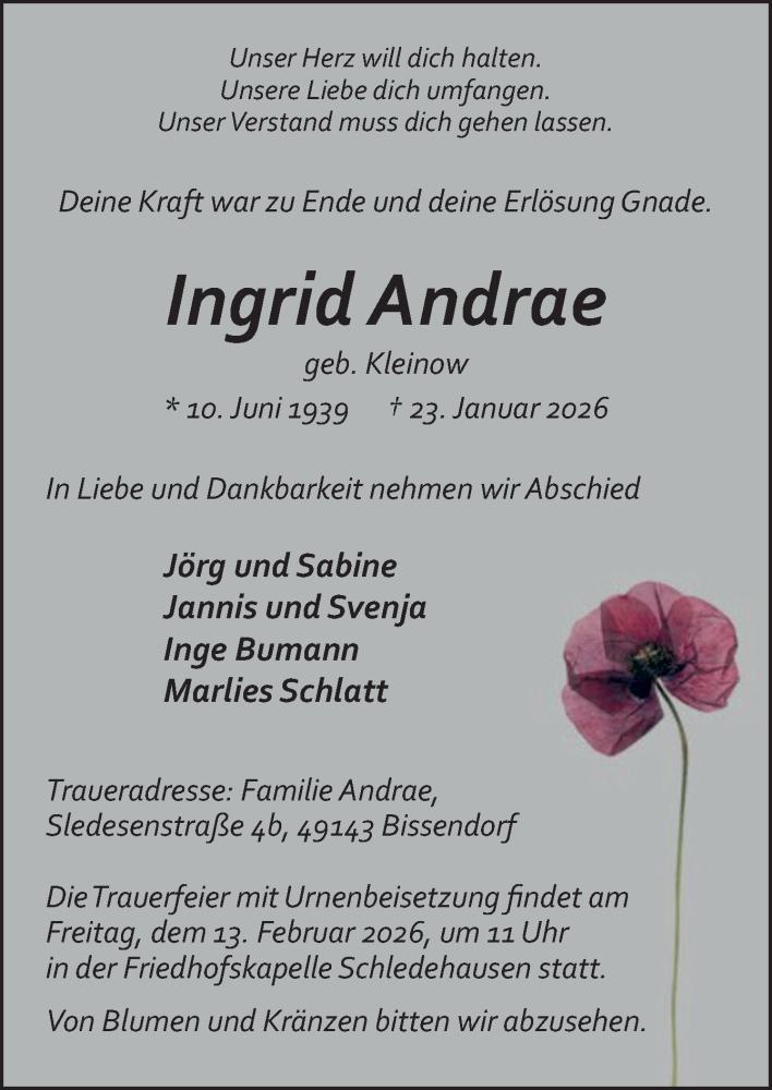  Traueranzeige für Ingrid Andrae vom 07.02.2026 aus Neue Osnabrücker Zeitung GmbH & Co. KG
