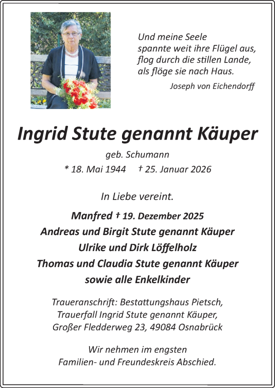 Traueranzeige von Ingrid Stute von Neue Osnabrücker Zeitung GmbH & Co. KG