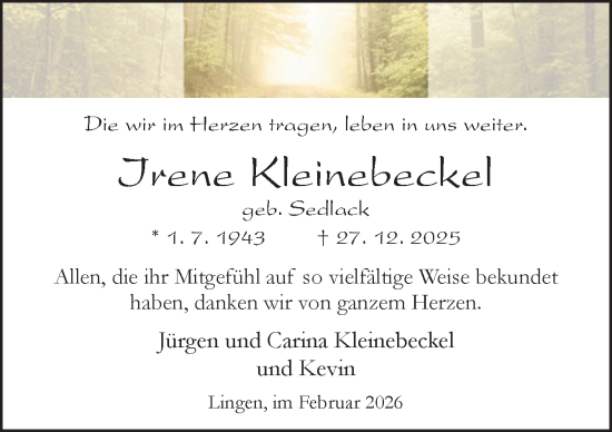 Traueranzeige von Irene Kleinebeckel von Neue Osnabrücker Zeitung GmbH & Co. KG