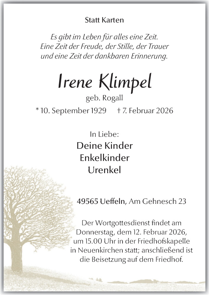  Traueranzeige für Irene Klimpel vom 10.02.2026 aus Neue Osnabrücker Zeitung GmbH & Co. KG